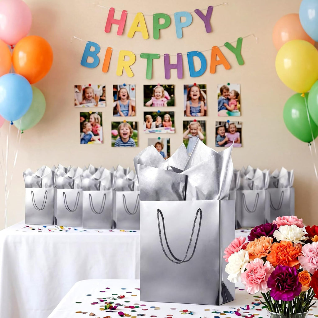 silver gift bags with tissue paper, metallic finish showing dimensions