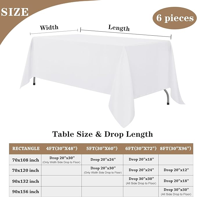 Fitable White Table Clothes for Rectangle Tables, 6 Pack - 90 x 132 Inch - Reusable and Elegant Tablecloths, Polyester Fabric Table Covers for Wedding, Party, Banquet, Formal Events