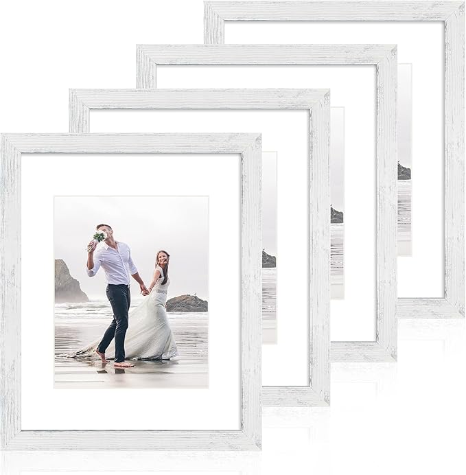 11x14 Picture Frame Set of 4 with Tempered Glass, Distressed White Frame Display 8x10 Picture with Mat or 11 x 14 Without Mat, Wood Rustic Photo Frames for Horizontal or Vertical Wall Mounting