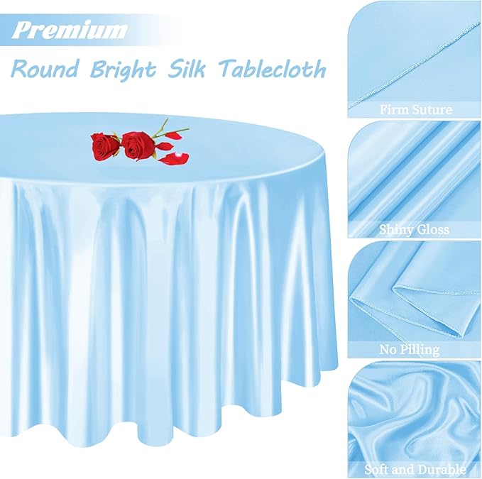 fani 12 Pack 120 Inch Light Blue Satin Tablecloth - Silky Round Tablecloth Overlay Smooth Fabric Table Cover, Bright Table Decoration for Wedding Party Banquet Events Restaurant Kitchen Dining
