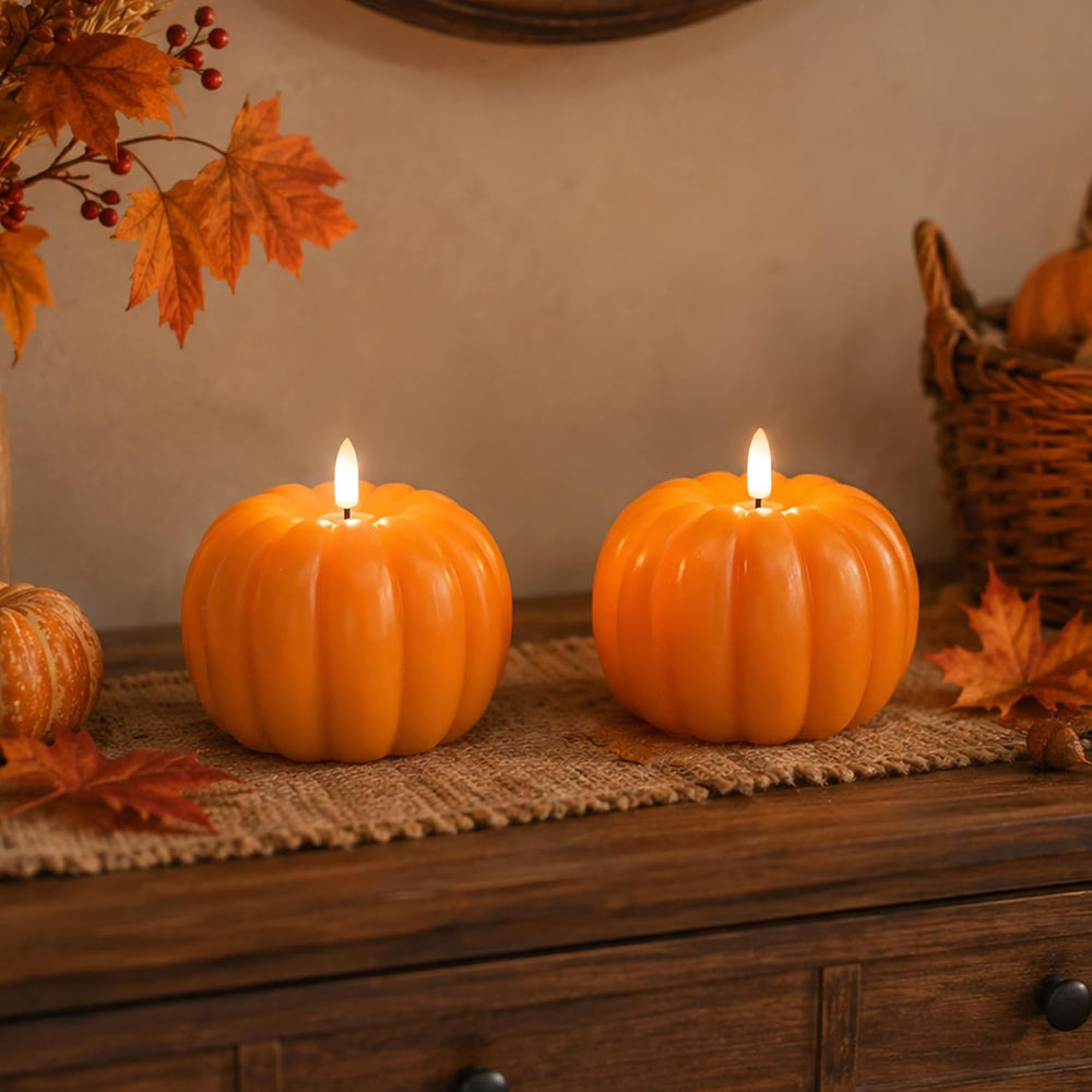 Fall Decor Pumpkin Flameless Candles Remote LED Candles Orange Set of 2