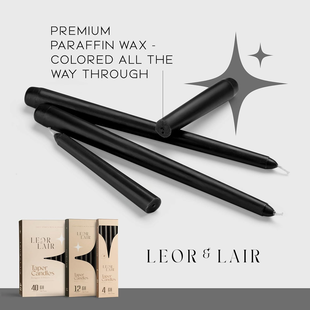 Leor & Lair Black Taper Candles, 40 Pack, 10 Inch Bulk Candlesticks