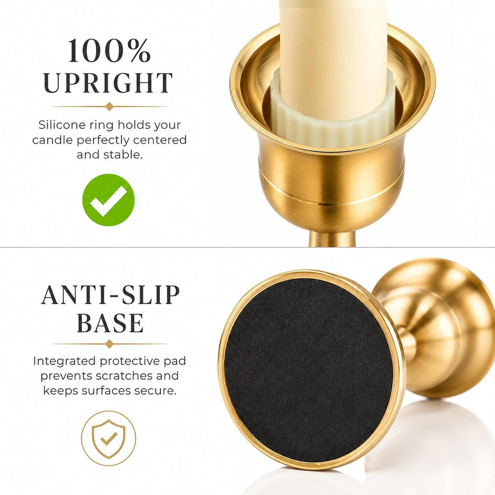 Gold Taper Candle Holders Set of 12, 3 Heights Brass Candlesticks
