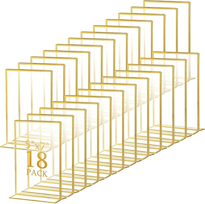 Hoteam 18 Pack Acrylic Sign Holder 5 x 7 Inch Gold Frames Wedding Table Number Holders, Double Sided Picture Frame Clear Display Menu Stand for Home Photo Flyers Wedding Party (Vertical)