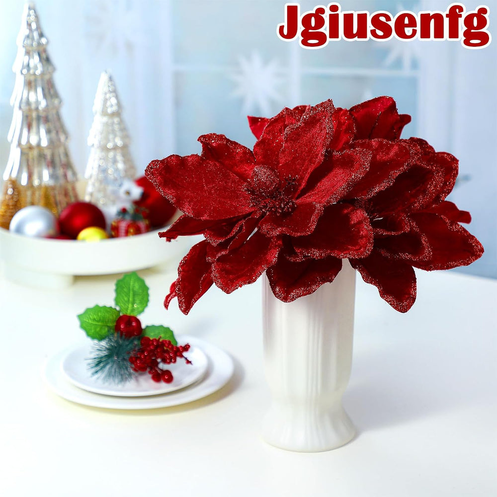 8 Pcs Large 12" Christmas Magnolia Flowers, Burgundy