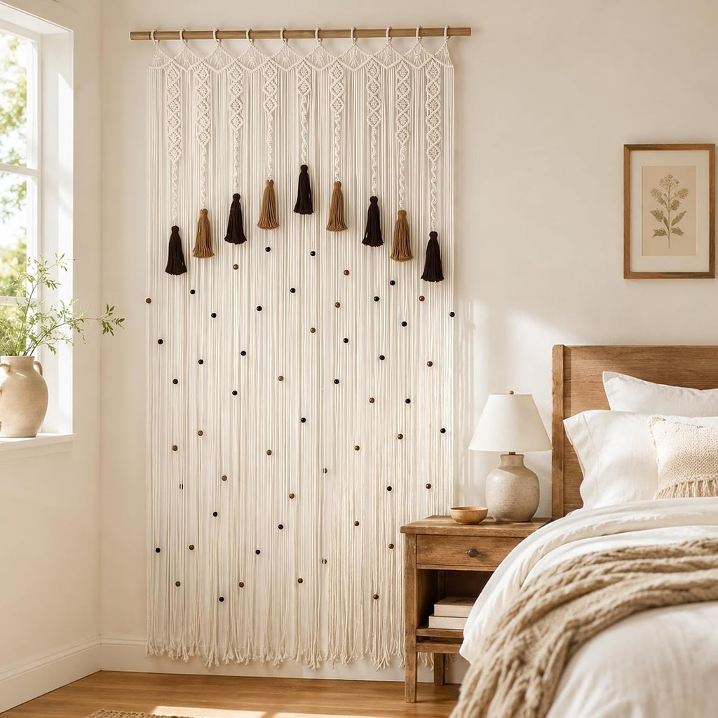Boho Macrame Curtains, Handmade Curtain with Tassels & Beads, 35" W x 79" L