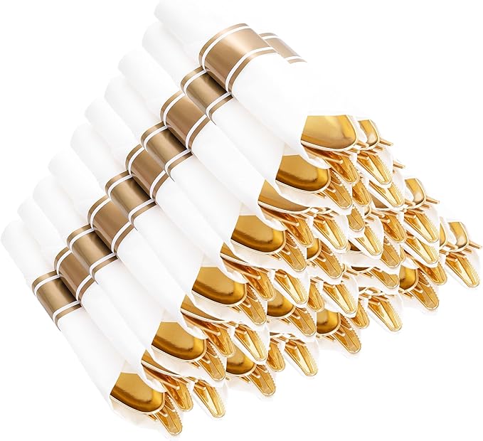 400PCS Pre Rolled Gold Plastic Silverware Sets - Heavy Duty Fancy Gold Cutlery - Include 100 Pack Wrapped Disposable Utensils with Napkins for Parties, Dinners & Weddings