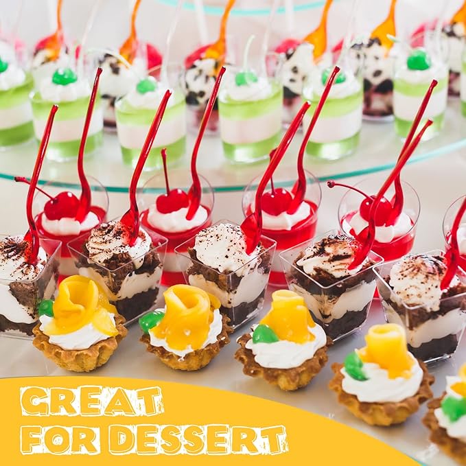 Nuogo 200 Pcs Mini Dessert Cups with Spoons Include 3 oz Square Plastic Appetizer Cups 2.5 oz Slanted Round Parfait Shooter Cup Small Clear Mousse Pudding Cup for Wedding Baby Shower Birthday Party (400 Pcs)