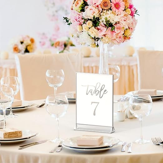 NIUBEE 6Pack 8.5x11 Clear Acrylic Sign Holder with Sliver Borders and Vertical Stand, Double Sided Table Menu Holders Picture Frames for Wedding Table Numbers, Photos