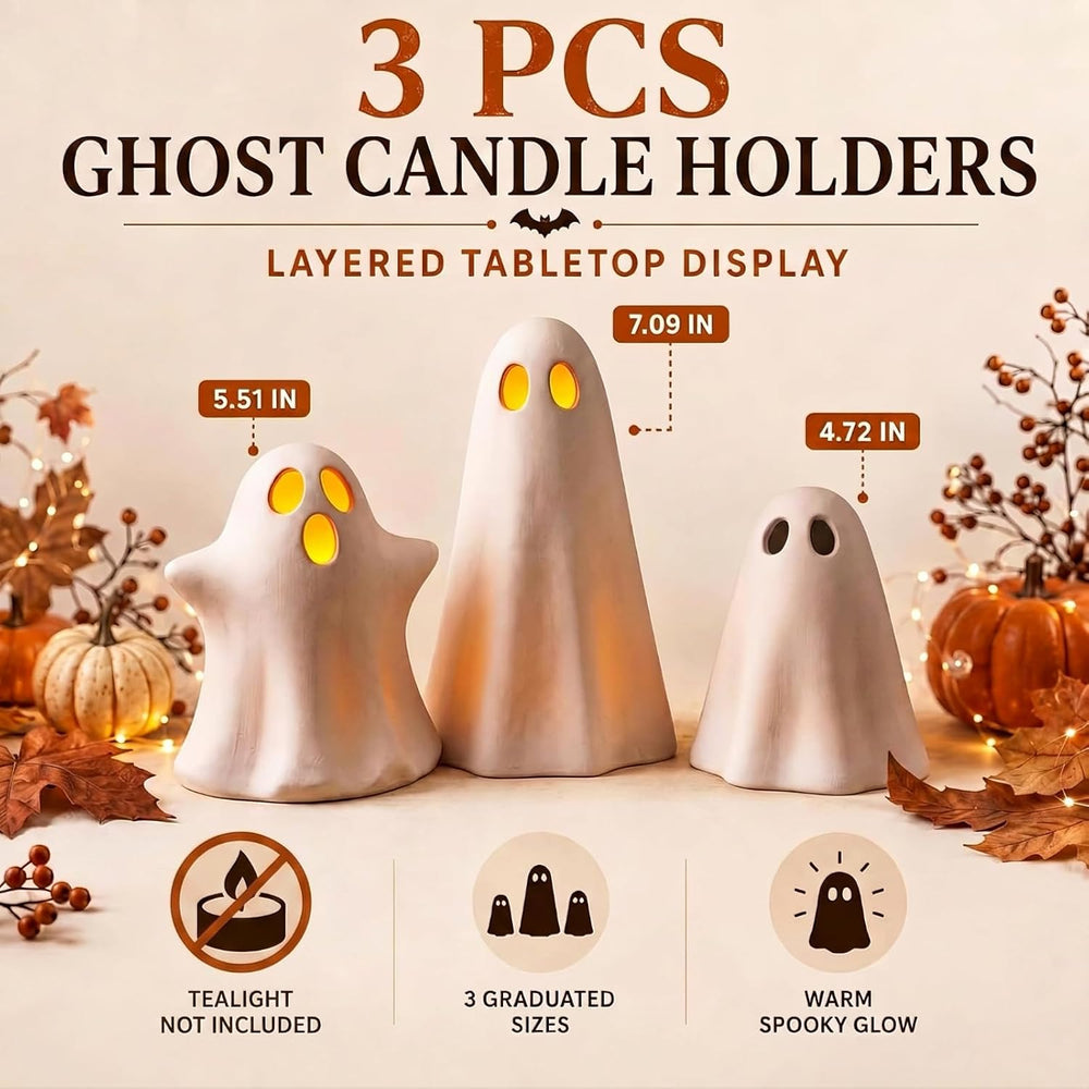 LemonRoad 3 Pcs Halloween Terracotta Ghost Decor Indoor Tealight Holder