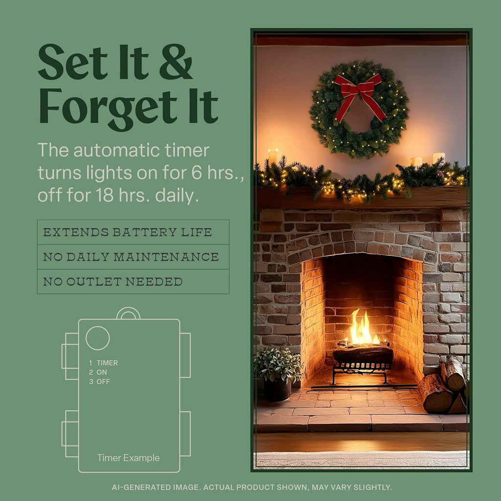 Flexible Flyer Battery Operated Wreath for Front Door. Pre-Lit Evergreen Xmas Lighted Holiday Christmas Outdoor Timer, 24", Red Ribbon Bow
