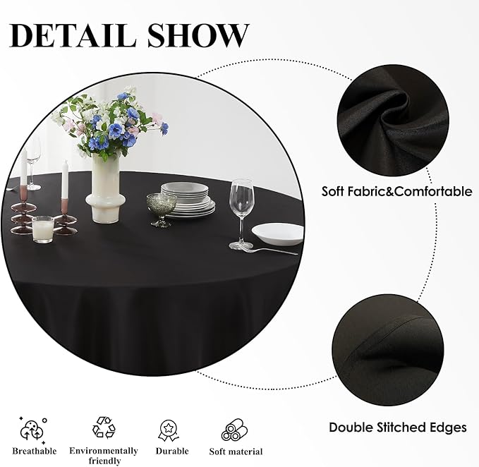 Round Tablecloth 120 Inch 8 Pack Black Tablecloths Washable Decorative Linen Polyester Table Clothes Cover for Dining Table Banquets Buffet Parties and Wedding