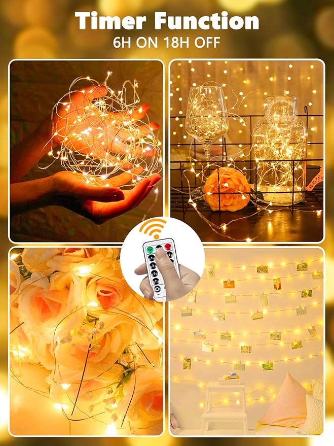 6 Pack Fairy Lights Battery Operated with Remote Control Timer, 26 FT 80 LED String Lights Outdoor Indoor, 8 Mode Twinkle Lights for Christmas Party Wedding Birthday Bedroom Decorations (Warm White)
