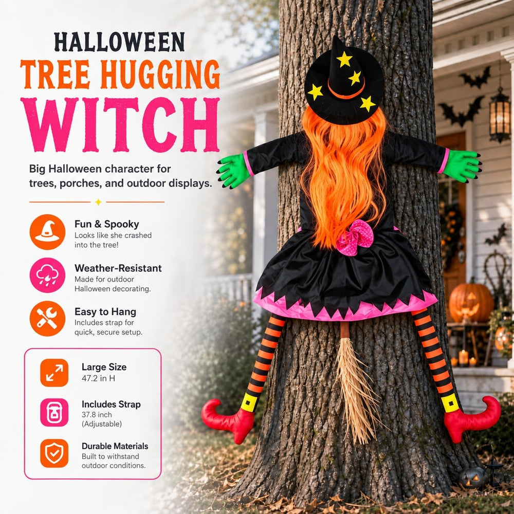 Halloween Decoration Outdoor, Tree Hugging Witch with Orange Hair