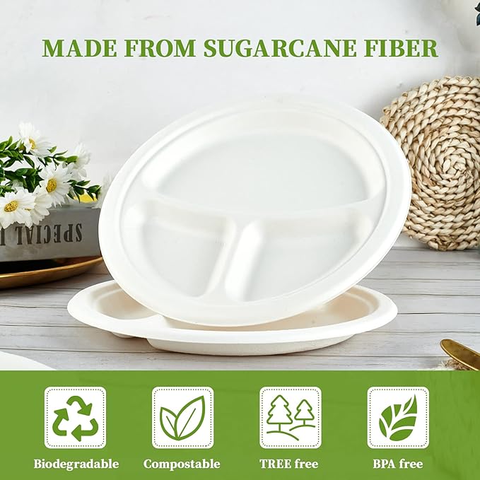 ECOLipak 150 Pack Compostable 3 Compartment Plates, Heavy-Duty Disposable Biodegradable Paper Plates, 8.85 inch Eco-Friendly Sugarcane Bagasse Divided Plates for Dinner