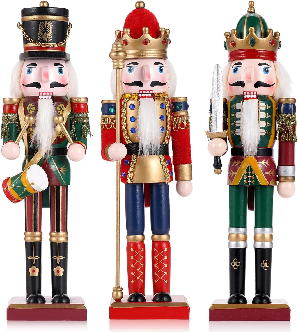 3 Pcs Wooden Christmas Nutcracker Soldier,30CM Traditional Painted Nutcracker Figures,Festive Collectible Christmas party for Home Fireplace Christmas Tree Party Decoration (Drummer&Spear&Swordsmen)