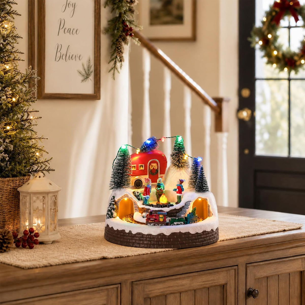 MUMTOP Animated Christmas Village Camper with Moving Train, Holiday Display
