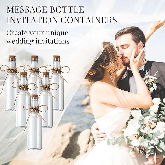 Baderke 48 Pcs 5.6 oz Message Bottles with Letter Printer Paper Plastic Bottles & Corks Twines for Message Invitations Birthday Wedding Baby Shower DIY Crafts Gift Party Favors (White)