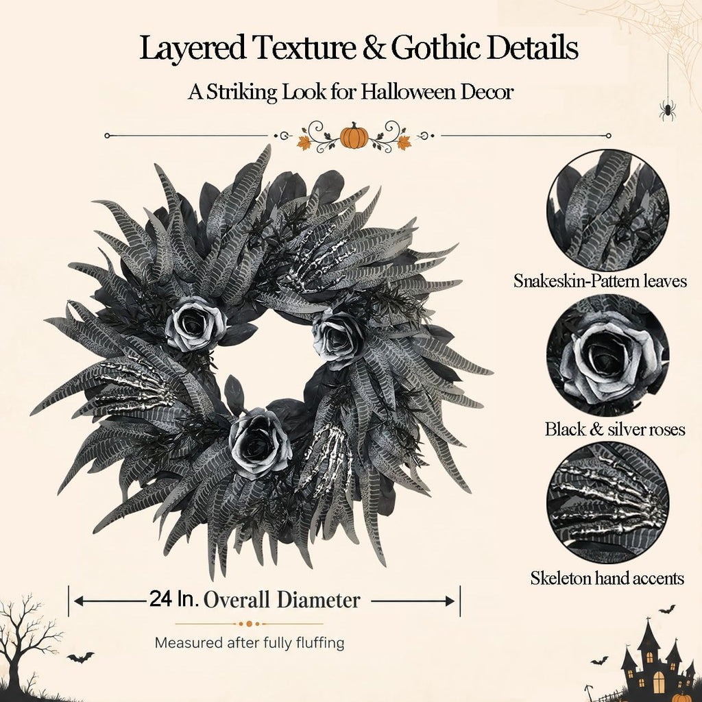 24 inch black and silver rose halloween wreath shown in use