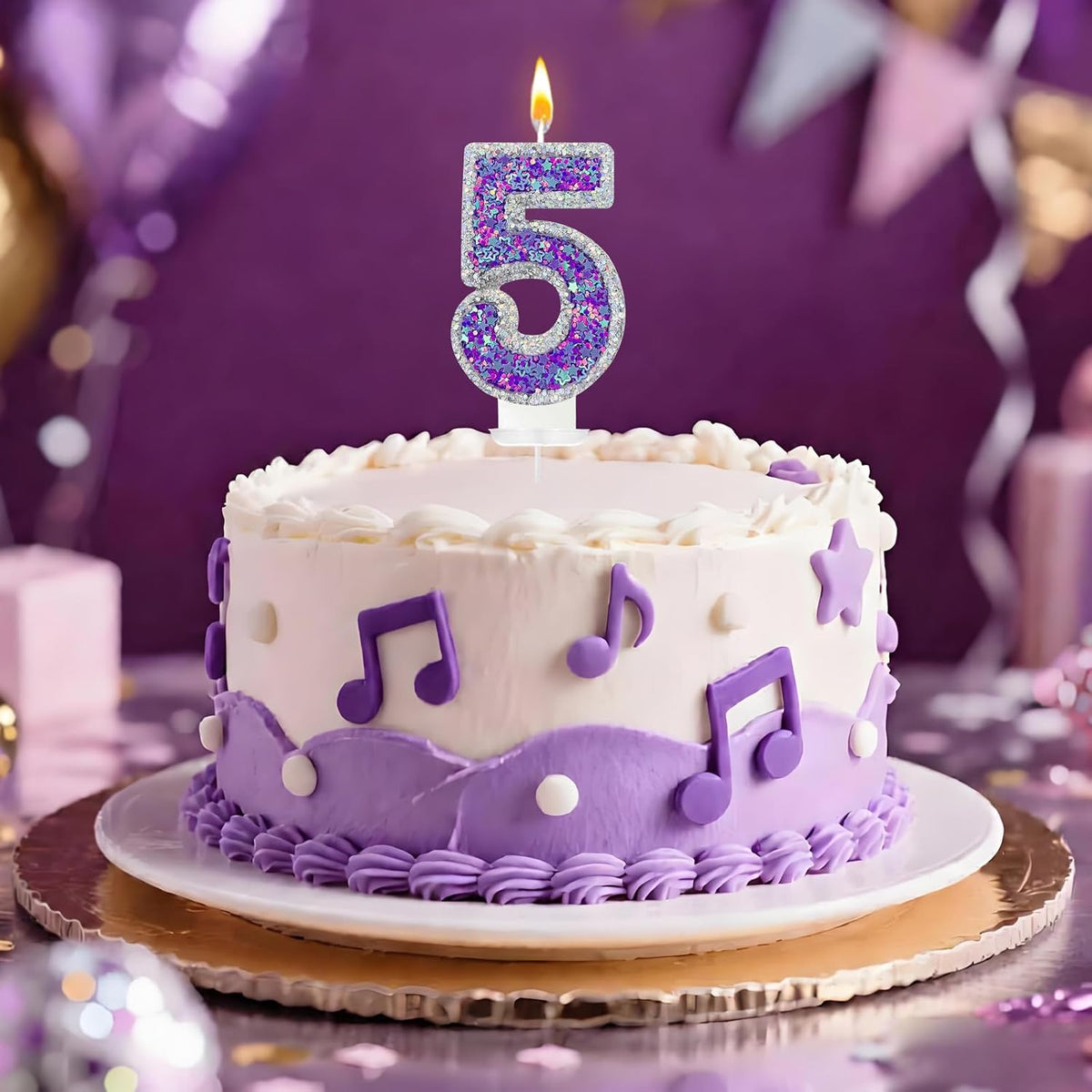 K-pop Number 5 Birthday Candle, Star Glitter Filled Number Candle, Purple Silver Fantasy Cake Topper for Birthday Party Decoration