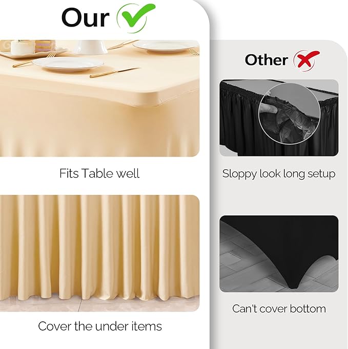 Wish Care 6 Pack Champagne Spandex Table Clothes for 8 Foot Rectangle Tables, 8FT Wrinkle Free Fitted Tablecloths Ruffles Design Table Cover for Party, Banquet, Wedding and Events