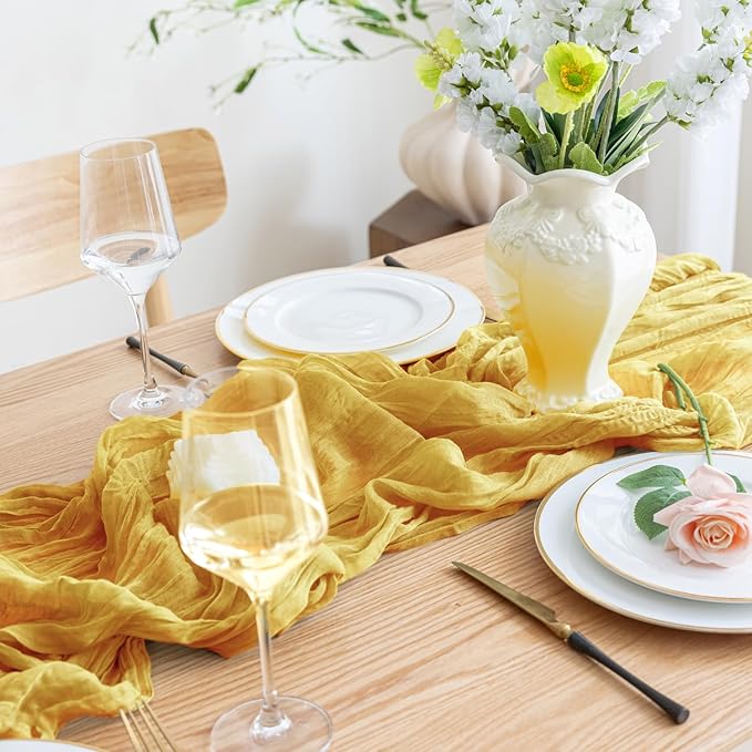 Asee'm 6pcs Cheesecloth Table Runner 120 Inches Long Gold Boho Gauze Cheese Cloth Runner 10FT Rustic Sheer Table Runners for Christmas Wedding Party Baby Shower Spring Easter Decoration