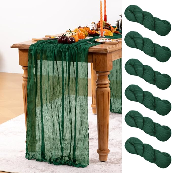 Emerald Green Cheesecloth Table Runner 6 Pack Fall Table Runners Boho Gauze 120 Inches Green Cheese Cloth Fall Table Decorations for Thanksgiving Wedding Bridal Baby Shower Tea Party