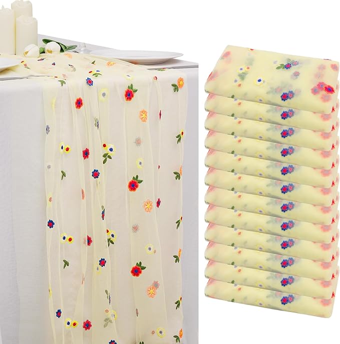 BINBE 12pcs Daisy Fall Table Runner Embroidery Gauze 10FT Florals Seasonal Tulle Holiday Birthday Kitchen Dining Table Decor for Home Party Yellow