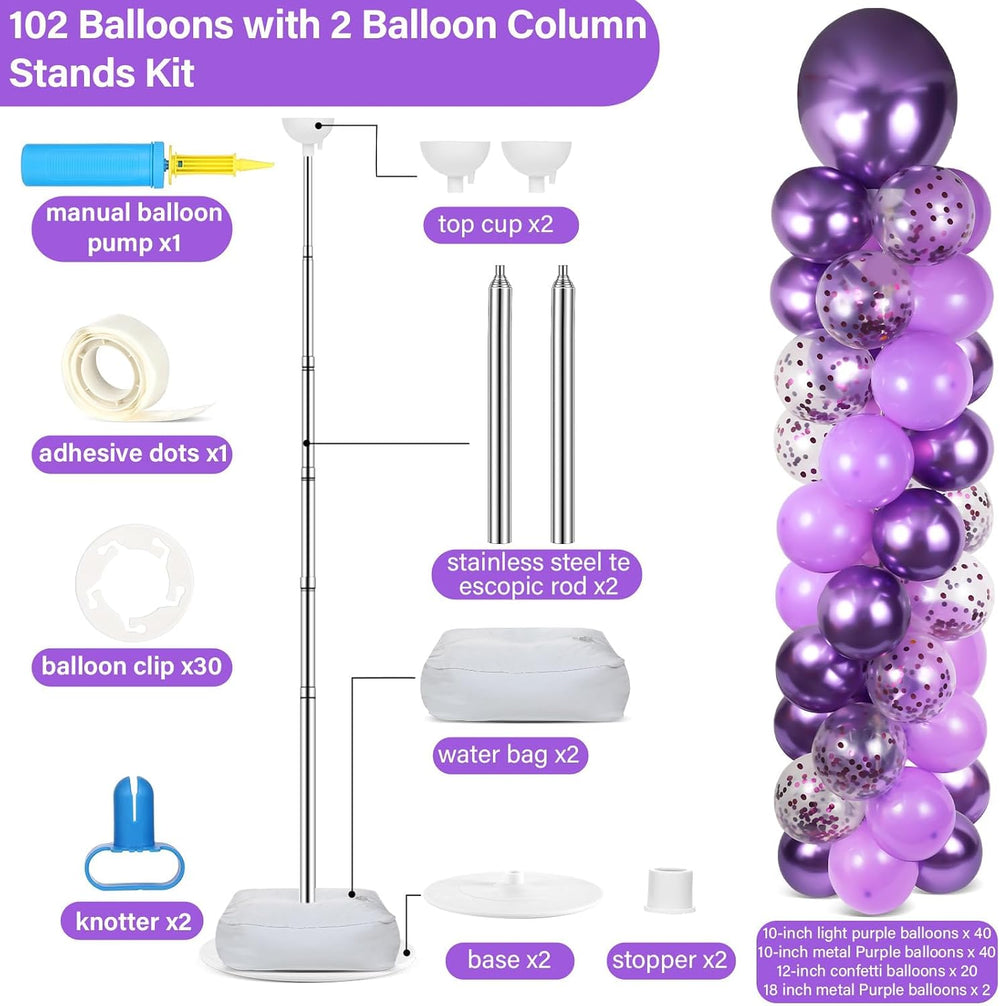 2 Sets Adjustable Balloon Column Stand Kit with Bases（Purple）