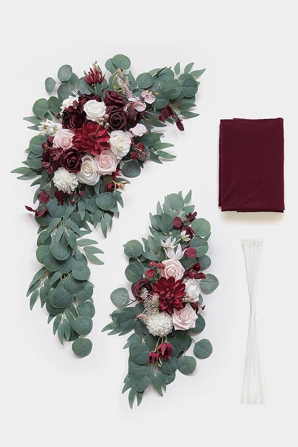 Burgundy Artificial Wedding Arch Flowers Kit (Pack of 3) with 26Ft Burgundy Shiny Arch Draping Fabric for DIY Wedding Party Ceremony Reception Backdrop Floral Decoration