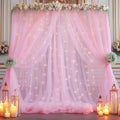 20×10ft Pink Tulle Backdrop Curtain with Lights String for Parties, Sheer Photo Backdrop Curtains for Wedding Party Photography Background