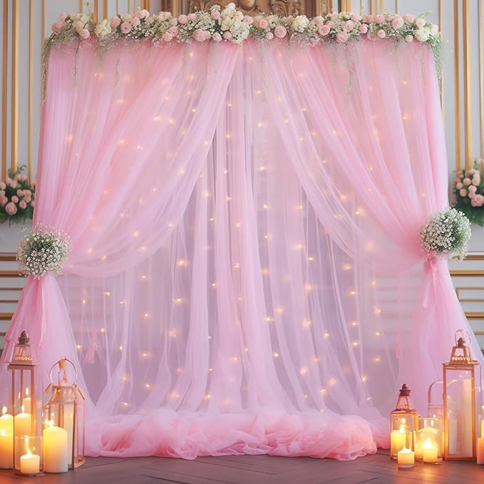 20×10ft Pink Tulle Backdrop Curtain with Lights String for Parties, Sheer Photo Backdrop Curtains for Wedding Party Photography Background