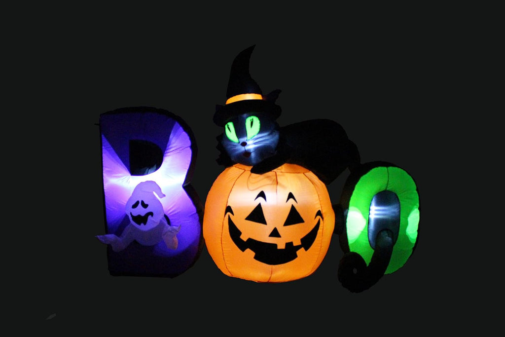 6 ft long lighted halloween inflatable black cat on a desk or shelf