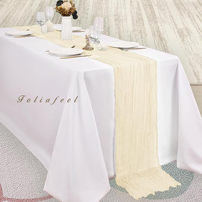 10FT 20 Pack Beige Cheesecloth Table Runner 20 x 120 Inch Long Rustic Gauze Fabric Cheese Cloth Table Runner for Wedding Bridal Baby Shower Table Decorations Boho Sheer Birthday Party Table Decor