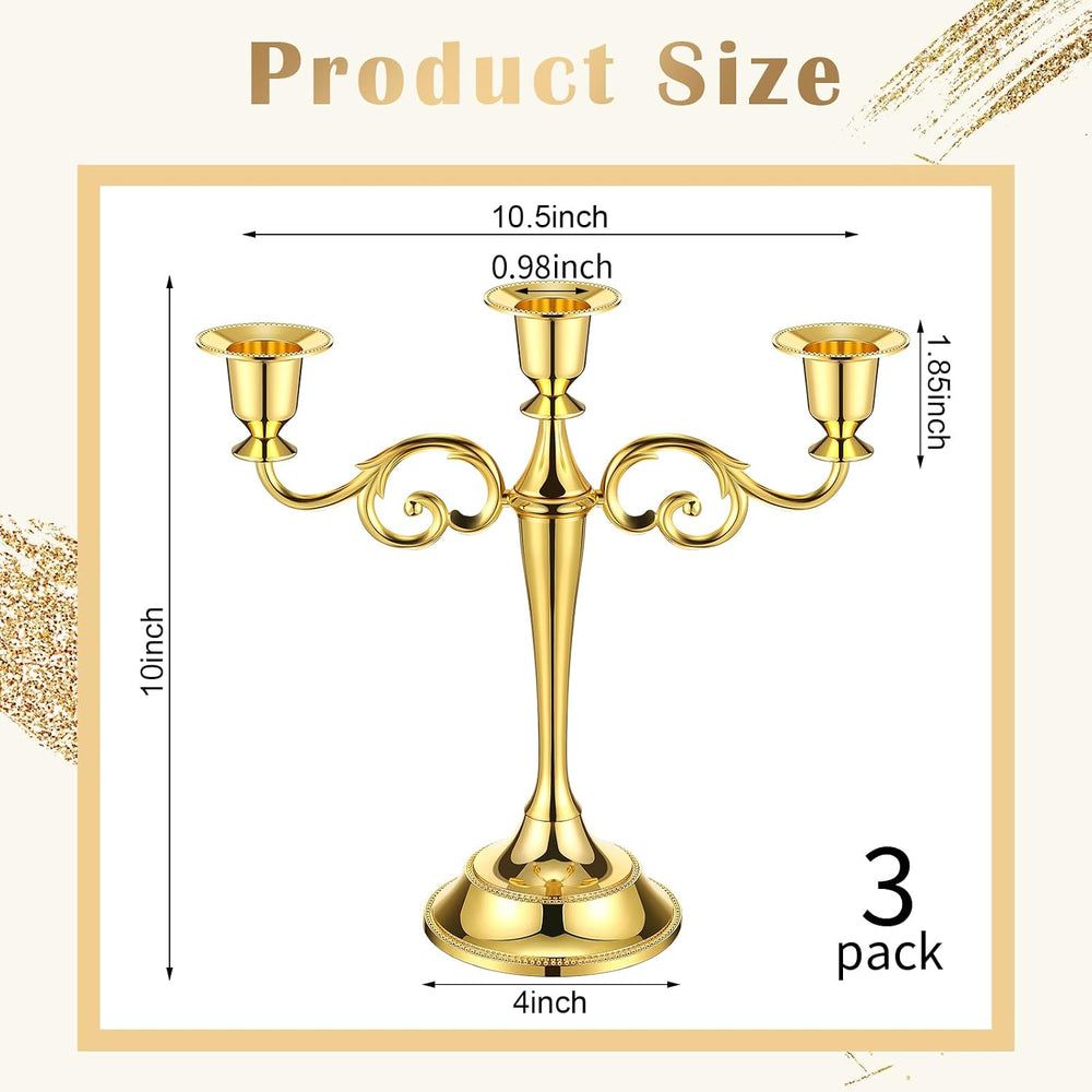 Dandat 3 Pcs 3 Arm Metal Candelabra Candle Holder, Classic, 10", Gold
