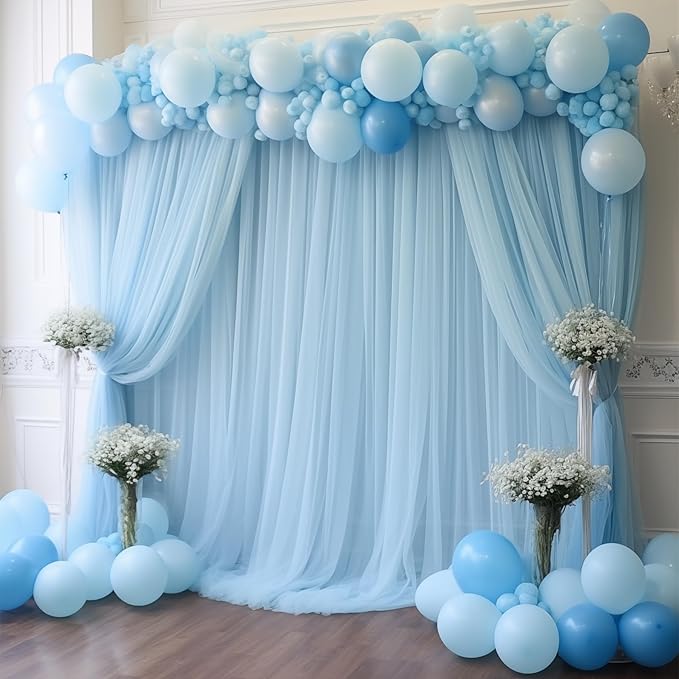 20x10 Blue Tulle Backdrop Curtains for Parties, Sheer Backdrop Curtain Wedding Photo Background Drapes for Baby Shower Photography Birthday Party