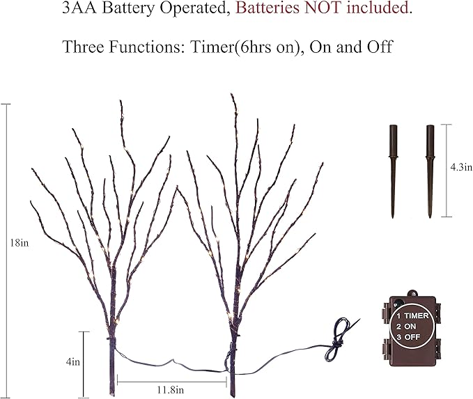 Birchlitland Lighted Brown Branches 18IN 70L Warm White Fairy Lights, LED Willow Branch Lights with Timer Battery Operated for Home Bedroom Living Room Vase Decoration