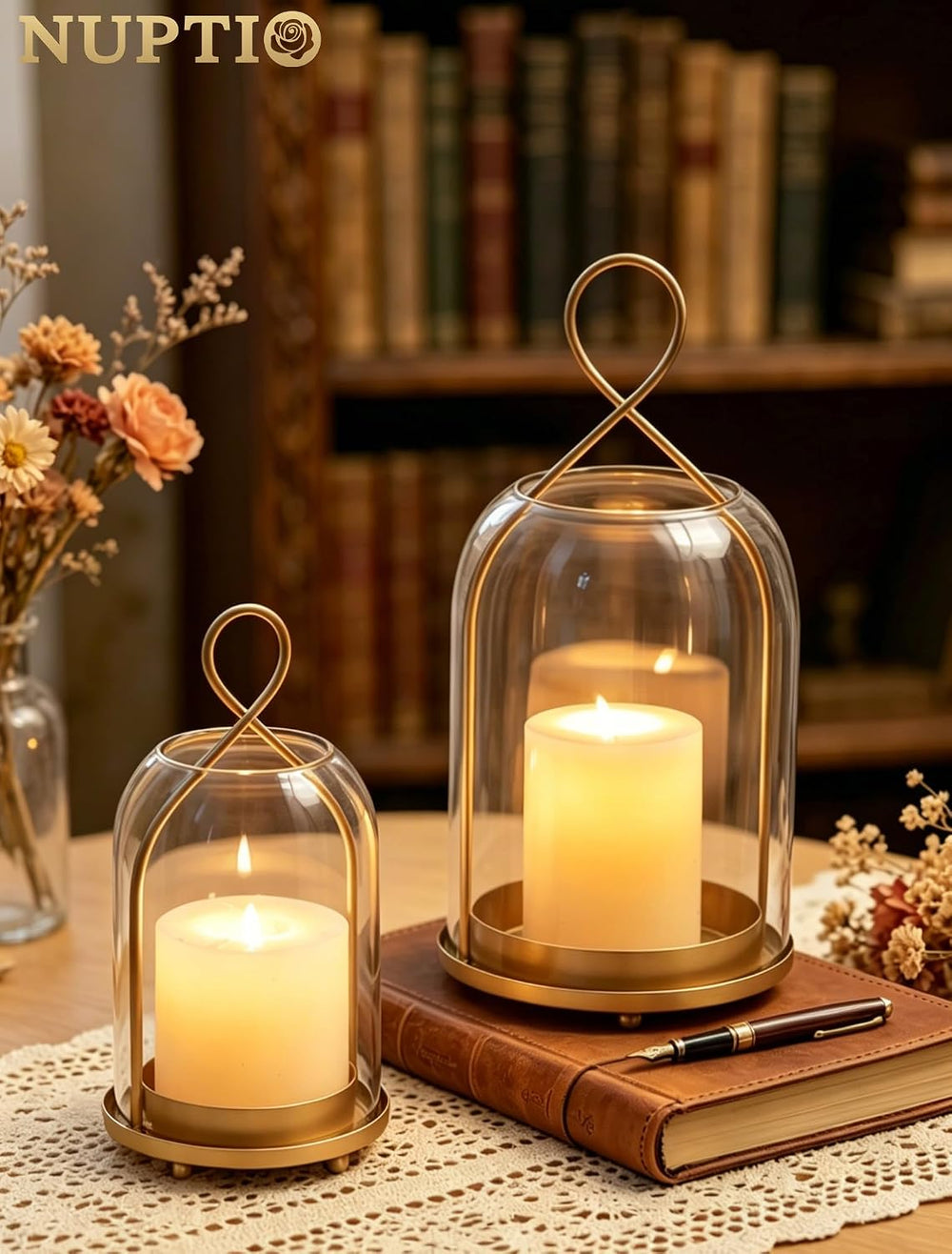 NUPTIO Glass Lanterns Decorative Outdoor, Gold Hurricane Candle Holders