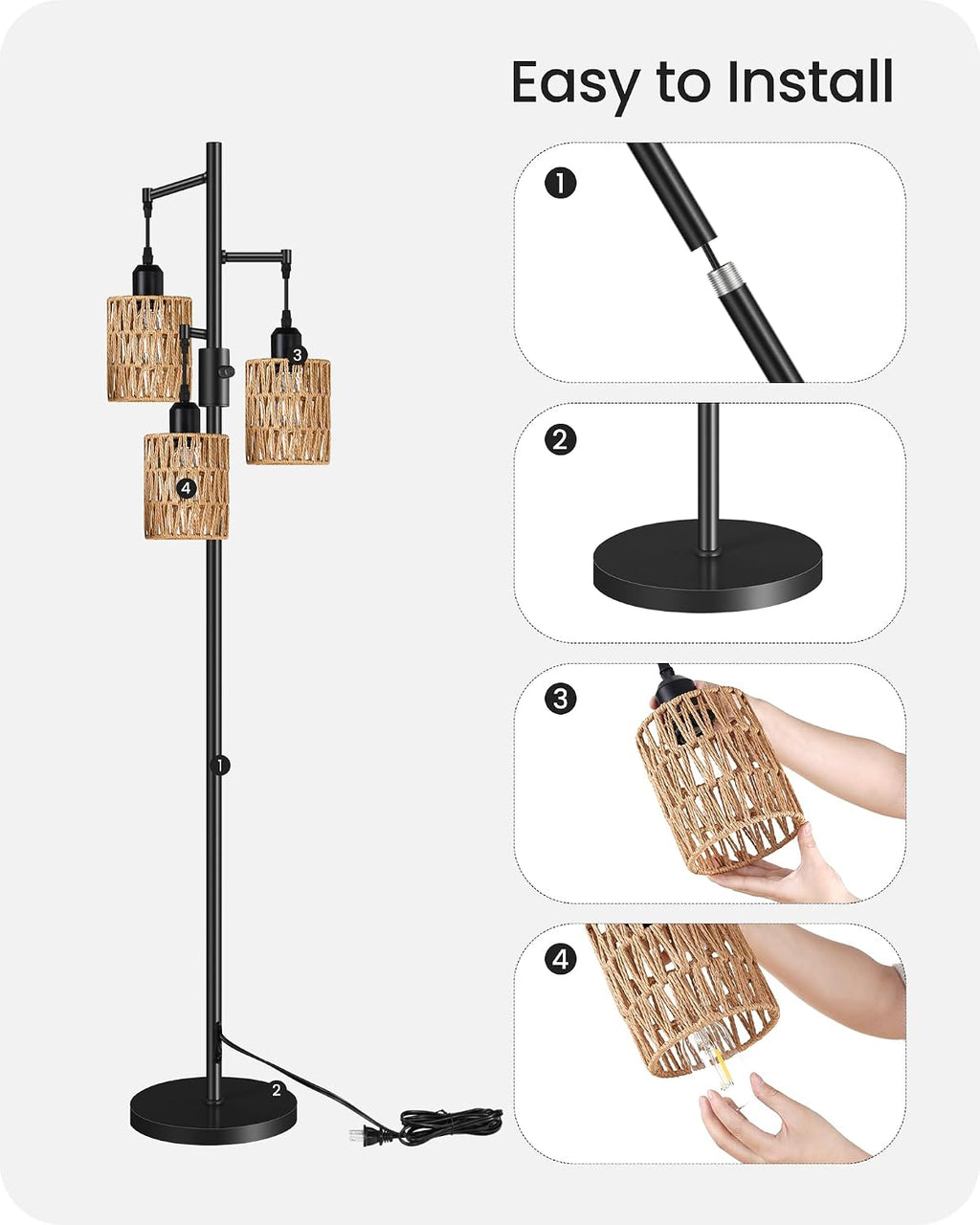 Dimmable Floor Lamp, Farmhouse Tall Standing 70.3" Tree Lamp with 3 Rope Woven Lampshades, Boho Rattan Floor Lights, 4W 3 LED Bulbs Included, for Living Room, Bedroom, Study, Office B03LD05