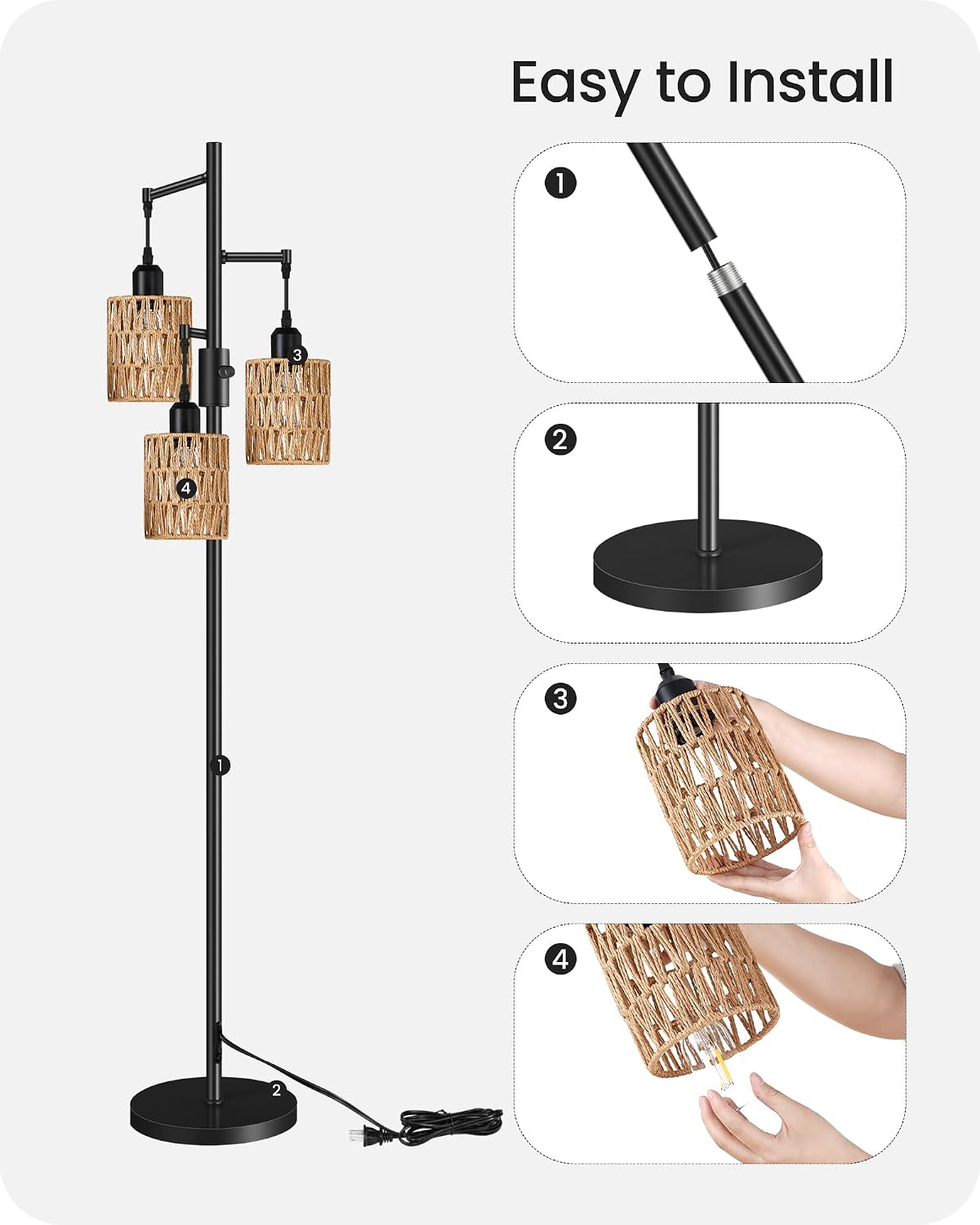 Dimmable Floor Lamp, Farmhouse Tall Standing 70.3" Tree Lamp with 3 Rope Woven Lampshades, Boho Rattan Floor Lights, 4W 3 LED Bulbs Included, for Living Room, Bedroom, Study, Office B03LD05