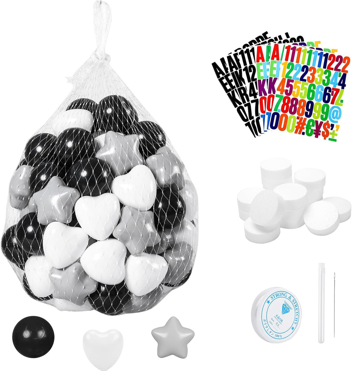 DIY Giant Friendship Bracelet Birthday Garland Kit with Letters Ball Customizable Banner for Christmas Wedding Kpop New Year Party Decorations Ball Plastic Balls Stars DIY Supplies(Black/Gray/White)