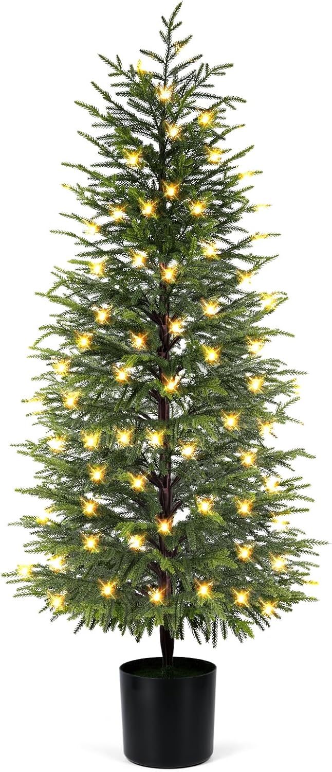5FT Prelit Norfolk Pine Christmas Tree Real Touch Artificial Cedar Tree with ...