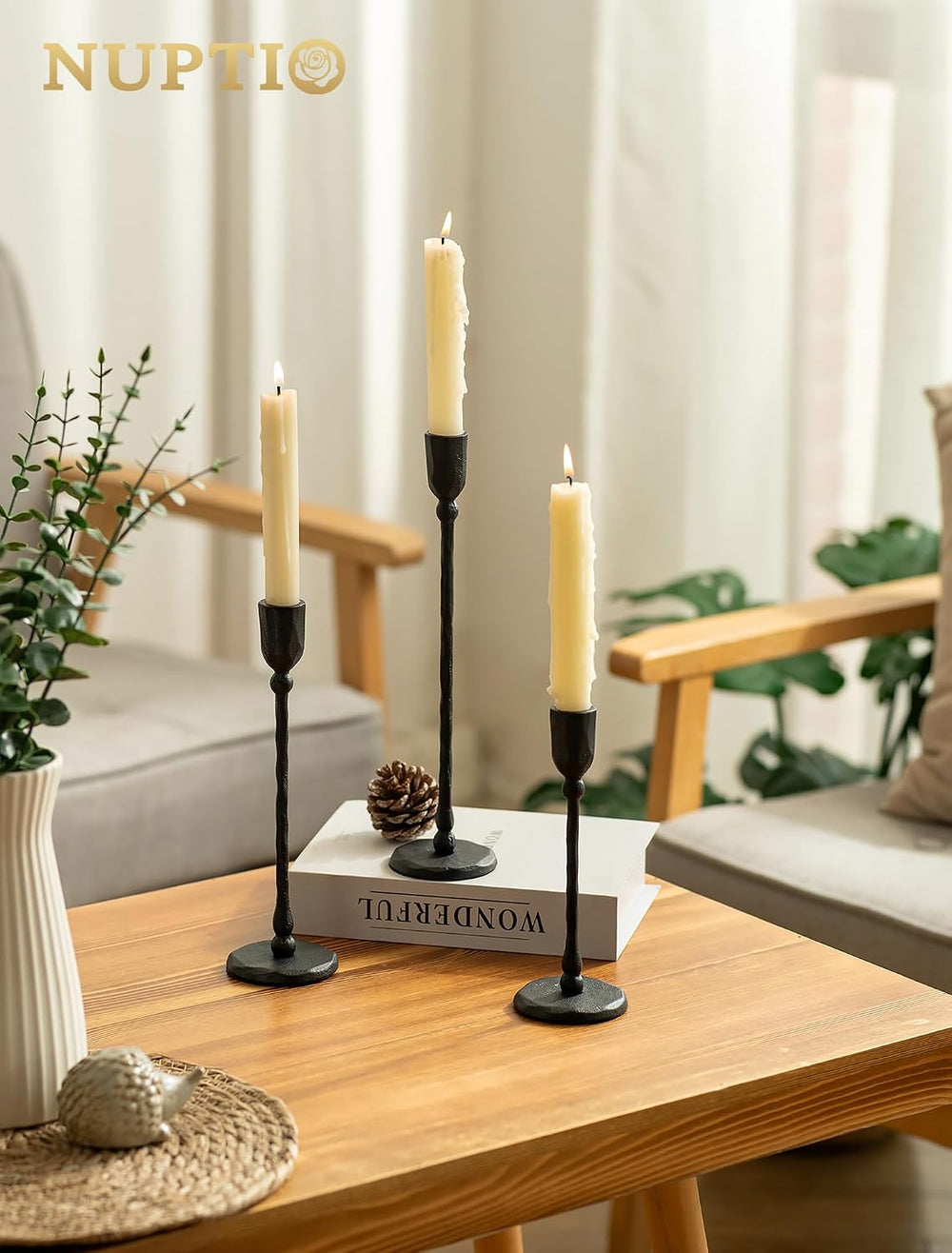 NUPTIO Cast Iron Candlestick Holders: Black Candle Stick Holder Set of 3