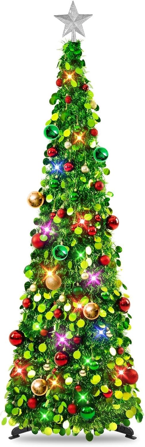 N&T NIETING Pop Up Christmas Tree with Lights & 30 Balls, 5Ft Collapsible Green Tinsel Christmas Tree Decoration for Holiday Xmas Home Office Decor