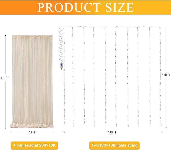 Fomcet Tulle Backdrop Curtains Champagne 20FT X 10FT Tulle Curtains with Lights String Sheer Backdrop Curtain for Parties Wedding Baby Shower Photo Shoot Decorations (4 Panels 5 x 10FT)