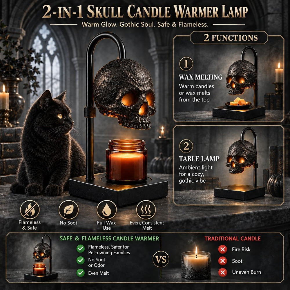Skull Candle Warmer Lamp with Timer for Gothic Decor, Halloween Home Decor