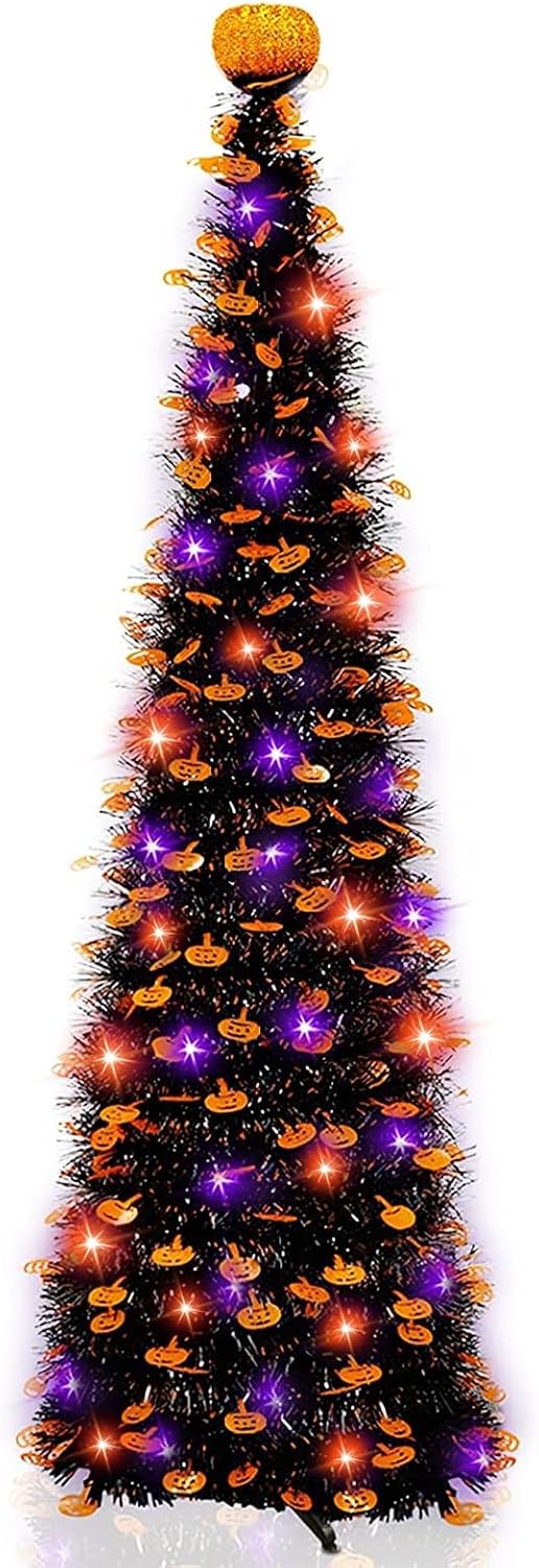 TURNMEON 5Ft Black Tinsel Halloween Tree with Lights Halloween Decorations