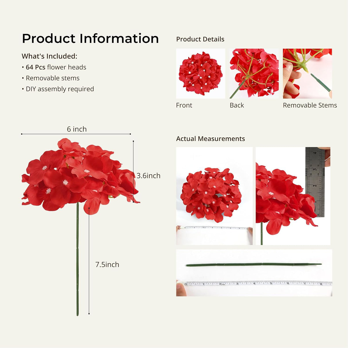 Auihiay 64Pcs Red Hydrangea Artificial Flowers, Fake Hydrangea Flowers