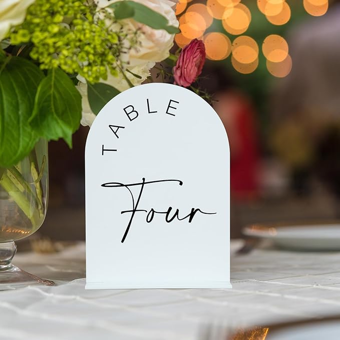 JINMURY White Arch Wedding Table Numbers 1-20 with Stands, 5x7 Inch Acrylic Arch Sign with Black Lettering, White Acrylic Table Numbers for Wedding Reception