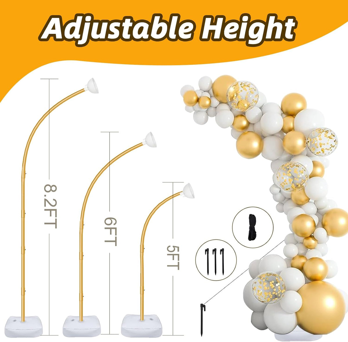 8.2FT & 6FT Balloon Arch Kit, Half Arch Balloon Stands for Floor, Gold